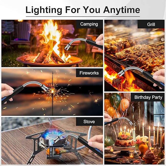 Upgraded 2 Pack Electric Candle Lighter with 360° Flexible Neck & Safety Lock, Windproof USB Rechargeable Flameless Arc Long Lighters for Grill, BBQ, Camping, Fireplace, Stove (Black & Gold)