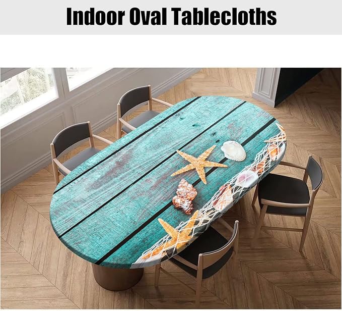 Wood Grain Fitted Tablecloth Oval, Ocean Mesh Starfish with Shells Elastic Edge Table Cover, Polyester Table Cloths for Indoor Outdoor Party Dinner Patio Decor, Fits Tables Up to 52 x70 in, Teal Blue