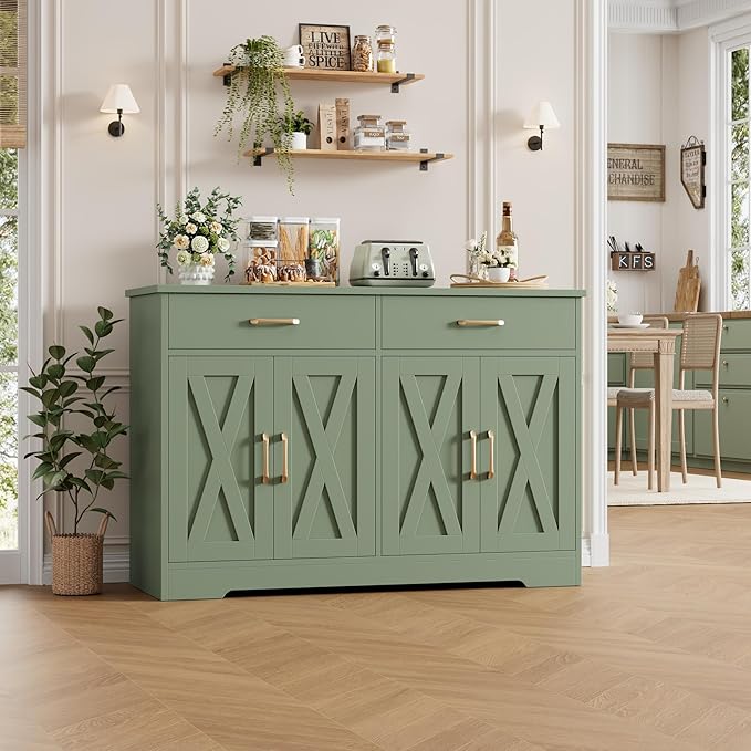 HOSTACK Buffet Cabinet with Storage, 47.2" Kitchen Sideboard Buffet with Drawers, Modern Farmhouse Coffee Bar Station with Shelves, Barn Doors Storage Cabinet for Living Room, Green