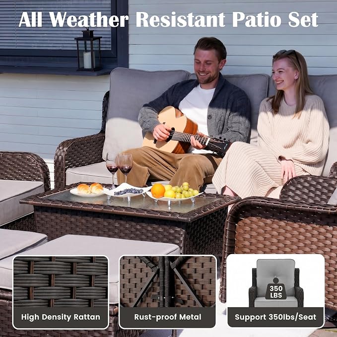 Sundale Outdoor Wicker 3-Seat Patio Sofa, Luxury Outdoor Couch with High Back & Wider Armrests, Patio Furniture with 6-inch Cushions for Yard, Deck, Poolside (Grey)