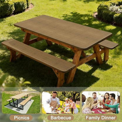 Picnic Table Cover with Bench Covers Windproof Waterproof Picnic Table Covers Camping Tablecloth with Self-Storage Bag, 72in, Light Tan