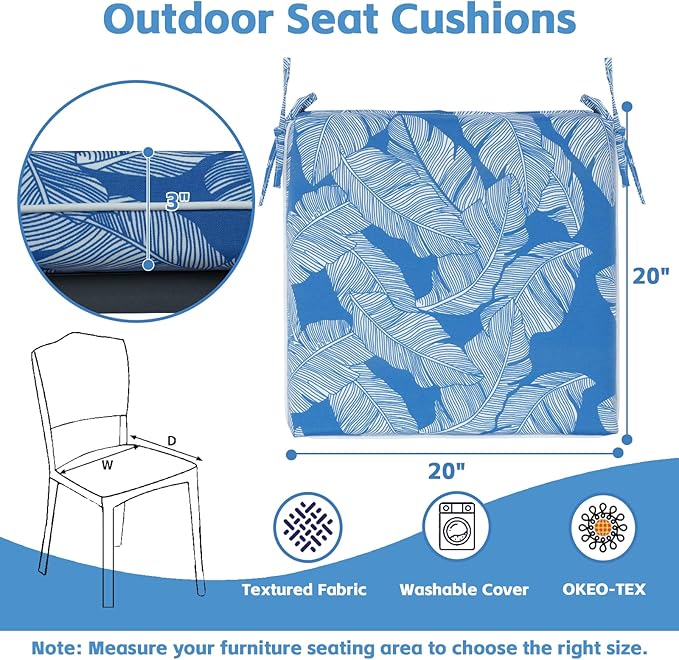 COZYVIDA Outdoor Chair Cushions Set of 4, 20"x20" Square Seat Pads with Tie Straps and YKK Zippers, 30D High-Density Foam, Water-Resistant Fabric,UV-Resistant 1000+ Hrs