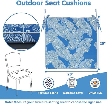 COZYVIDA Outdoor Chair Cushions Set of 4, 20"x20" Square Seat Pads with Tie Straps and YKK Zippers, 30D High-Density Foam, Water-Resistant Fabric,UV-Resistant 1000+ Hrs