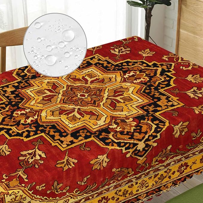 Rug Dinner Tablecloth Table Cover, Geometric Bohemian Style Carpet Rug 52x70 Inch Table Cloth Dust-Proof Table Cover Protector for Home Restaurant Picnic Camping BBQ Coffee, Red