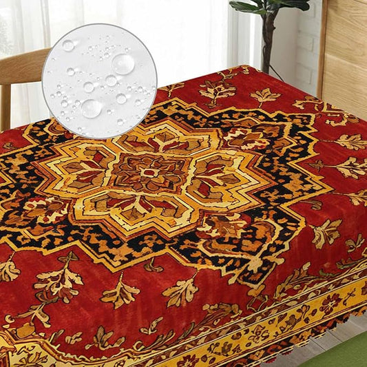 Rug Dinner Tablecloth Table Cover, Geometric Bohemian Style Carpet Rug 52x70 Inch Table Cloth Dust-Proof Table Cover Protector for Home Restaurant Picnic Camping BBQ Coffee, Red