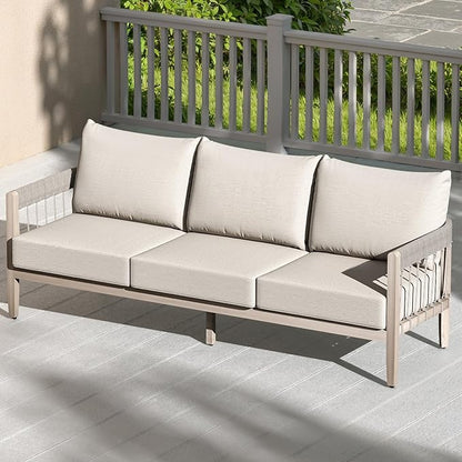 3-Seater Outdoor Aluminum Sofa, Never-Rust Patio Sofa Couch with Faux Wood Grain Finish Frame, Rope Weave Outdoor Sofa with Extra Thick Cushions, Outdoor Patio Couch for Deck, Porch, Garden