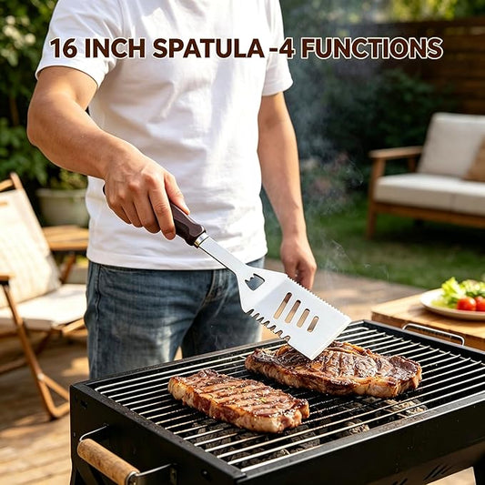 Grilling Accessories - 16 Inch BBQ Accessories Grill Gifts for Men, Barbecue Grilling Tools Utensils Set with Spatula, Fork, Brush, Tongs, Thermometer
