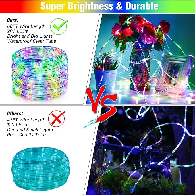 Nazuwke 66Ft LED Rope Lights Outdoor, 18 Colors Changing String Lights Plug in with Remotes, Waterproof 200 LEDs Multicolor Fairy Light, RGB Christmas Rope Lighting for Bedroom Garden Halloween Decor