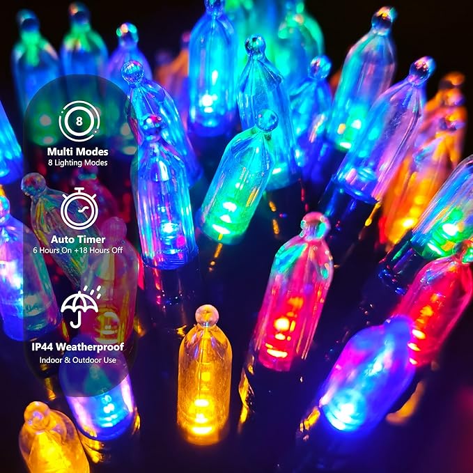 Battery Operated String Lights - 2 Pack Total 33ft 100 LEDs Multicolor Christmas Lights with Timer, 8 Modes Waterproof Twinkle Lights for Indoor Outdoor Xmas Tree Wreath Party Holiday Decorations