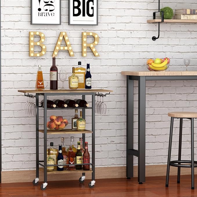 LAATOOREE Bar Cart, Home Bar Serving Cart, 3 Tier Mobile Drink Beverage Cart, Rolling Kitchen Shelf with Wine and Glass Holders, for Dinning Room, Living Room, Kitchen