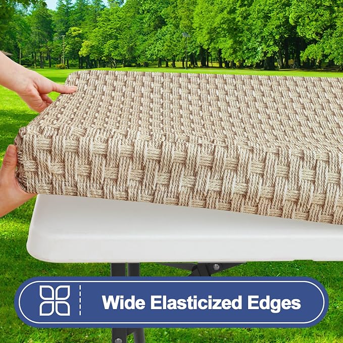 Smiry Picnic Table Cover with Bench Covers, Waterproof Elastic Fitted Tablecloth for 8 Foot Tables, Washable Polyester Tablecloths for Camping, Indoor & Outdoor (Champagne, 30x96 Inch 3-pc Set)