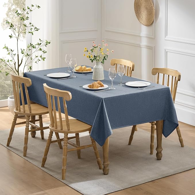 Decorelia Faux Linen Farmhouse Table Cloth 60"x144" for 10 ft Rectangle Table, Denim Blue Waterproof Outdoor Washable Tablecloth for Rectangular Dining Room Kitchen Outdoor Party Restaurant Table