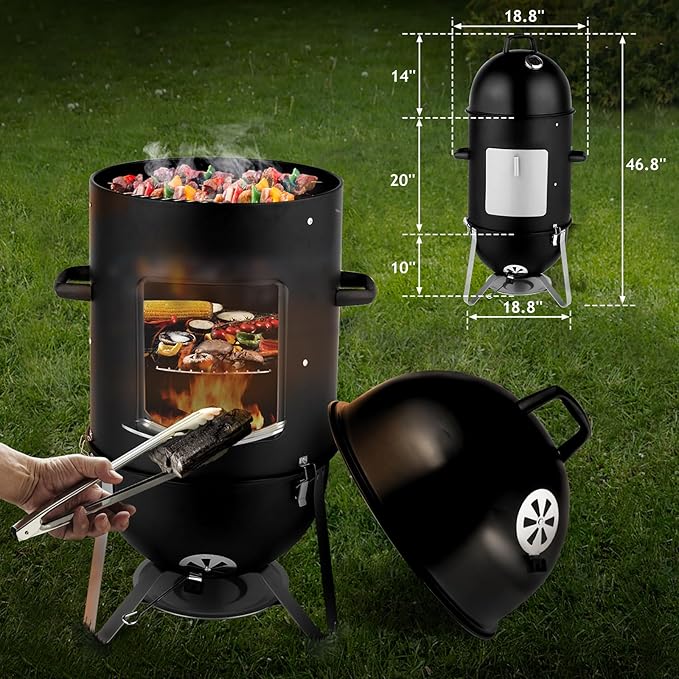 Vertical Steel Charcoal Smoker, Heavy Duty 3 Layer Round BBQ Grill, Outdoor Grill Cooker, Outdoor Camping Grill, Backyard Barbeque Grill for Outdoor Cooking, Black