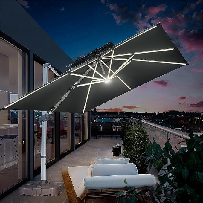 10x10 FT Square Cantilever Patio Umbrella with Solar LED Lights and Cross Base, 360° Rotation Large Heavy Duty Offset Outdoor Umbrella with Easy Tilt for Pool Backyard Deck Garden, Grey