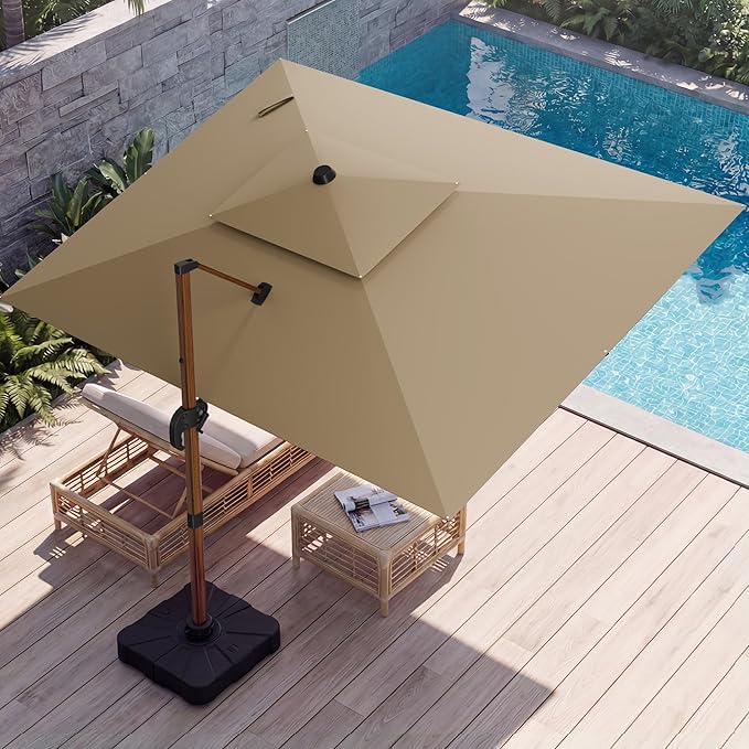 10x13 FT Wood Pattern Patio Umbrella with Base, Large Deluxe Cantilever Rectangular Double Top Heavy Duty Offset Umbrellas with 360° Rotation, Outdoor shade for Garden Pool Patio, Tan