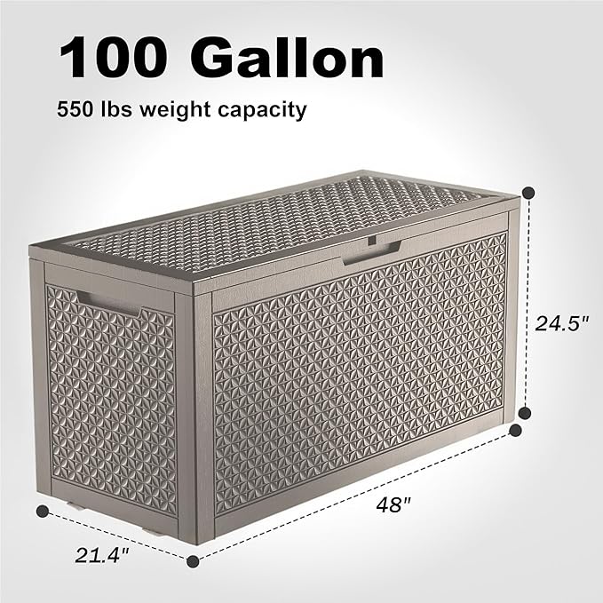 New 121 Gallon Outdoor Storage Box, Resin Deck Boxes Waterproof, Indoor Outdoor Bin for Package Delivery, Patio Cushions, Gardening Tools, Lockable, UV Resistant