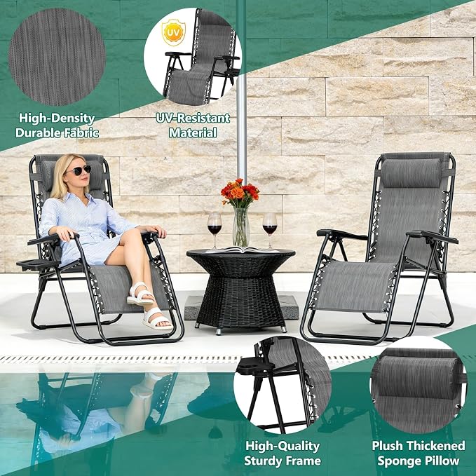 Oversized Zero Gravity Chair, Portable Outdoor Patio Lounge Recliner, Black | Foldable Patio Chairs with Reclining Design & Breathable Mesh, Cup Holder, Lawn Beach Camping