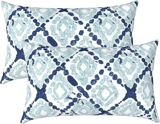 LVTLVTXIII 12×20 Inch Outdoor Lumbar Pillows, Pack of 2 Water Repellent Lumbar Pillow with Inserts, Fluffy Decorative Garden Lumbar Cushions for Home Patio Coach Sofa Use, Boho Geometry Blue