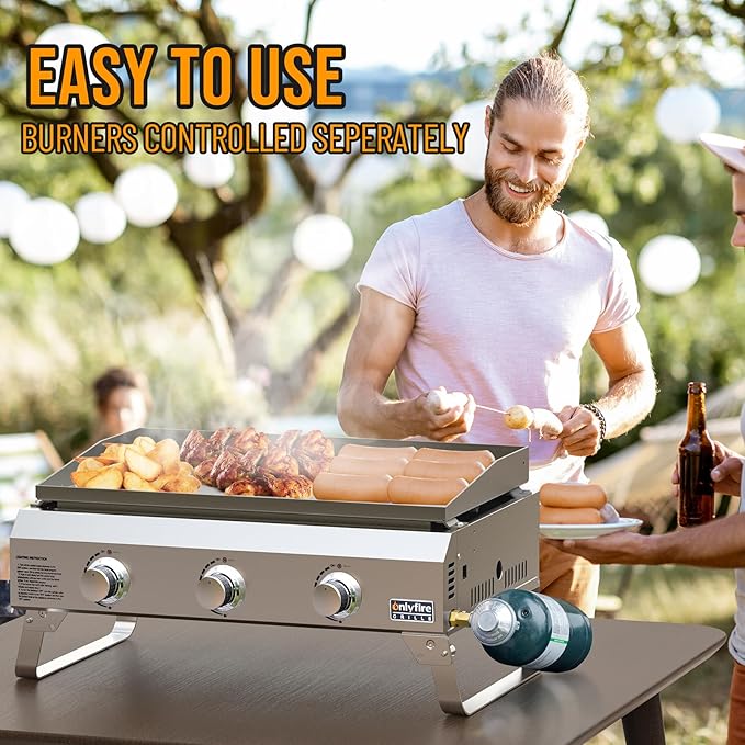 ONLYFIRE GRILLS Tabletop Gas Griddle 3 Burners, Propane Gas Stove, GS311 | Portable Flat Top Griddle for 1lb/20lb Propane, Outdoor Cooking Patio BBQ Camping Tailgating RV, Stainless Steel 24000BTU