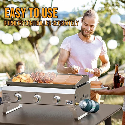 ONLYFIRE GRILLS Tabletop Gas Griddle 3 Burners, Propane Gas Stove, GS311 | Portable Flat Top Griddle for 1lb/20lb Propane, Outdoor Cooking Patio BBQ Camping Tailgating RV, Stainless Steel 24000BTU