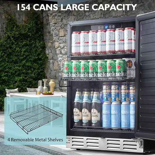 Kalamera 24 inch Stainless Steel Beverage Refrigerator, Outdoor Mini Fridge | Under Counter Beverage Cooler for 154 Cans with 32-41℉ Temperature Range - Soda, Beer Refrigerator with Soild Stainless Door