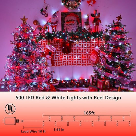 YEGUO 165ft 500 LED String Lights Indoor, Red and White Christmas Light Outdoor Waterproof, 8 Modes Green Wire Plug in with Timer Memory