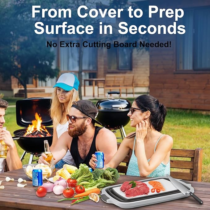 (30L/ 8 Gal) XXL BBQ Prep Tub Collapsible with Cutting Board & Lid Large Capacity 66 bl,Meat Marinating Basin,Bus Tub,Grill Prep Container,Suitable for Kitchen and Outdoor Organization Storage