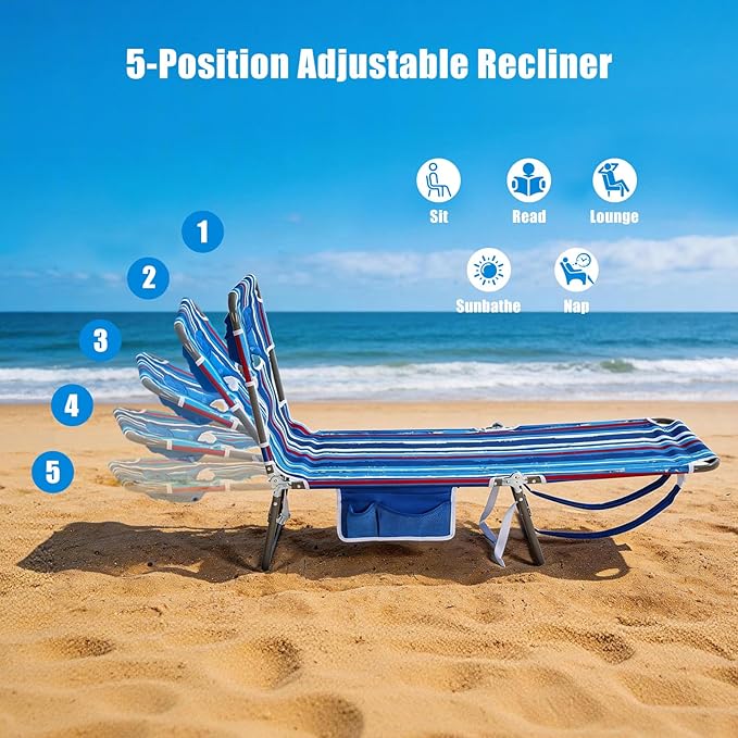 SUNNYFEEL Lay Flat Tanning Chair with Face Down Hole & Arm Slots, Backpack Beach Lounge Chair, 5-Position Folding Sunbathing Chair, 300 LBS Heavy Duty, 72" L x 22" W for Beach, Pool, Camping