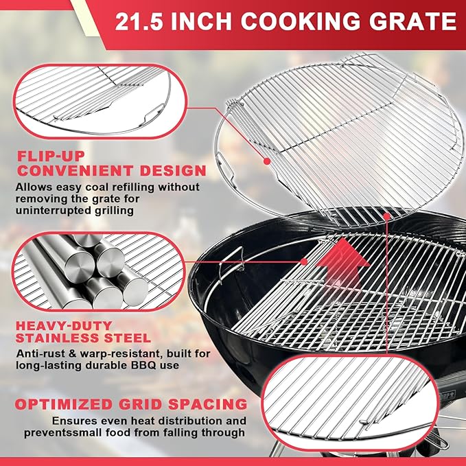 Round Grill Grate for Weber 22" Original Kettle Charcoal Grills, 7436 Cooking Grate & 7441 Charcoal Grate for Weber Performer/Jumbo Joe Premium/ Master-Touch & Other 22 Kettle Grill Accessories