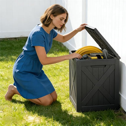 35 Gallon Outdoor Deck Box - Lockable Waterproof Storage Container, Resin Weatherproof Box for Patio Garden Furniture Pool Tools Cushions, Black