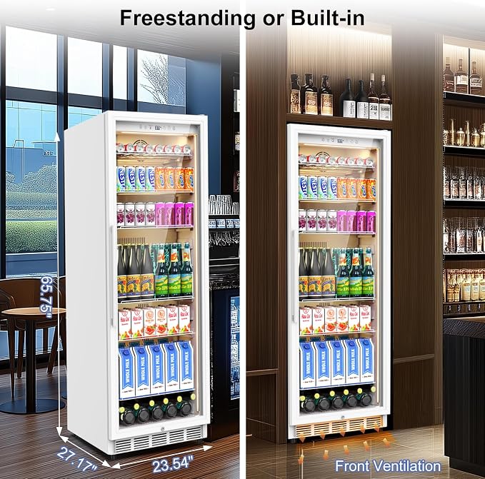 FoMup Commercial Display Refrigerator with Reversible Glass Door, Upright Beverage Cooler Merchandiser, Drink Fridge with Door Lock for Restaurant Supermarket Convenience Store, 13.8 Cu.Ft