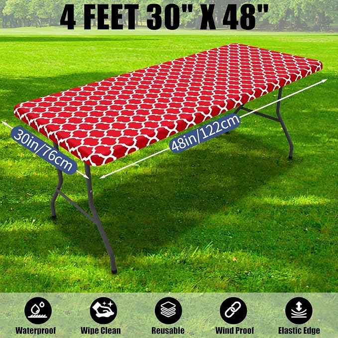 Smiry 2 Pack Rectangle Table Cloth 4 Foot, Waterproof Elastic Fitted Tablecloths, Windproof Washable Polyester Table Cover for Picnic, Camping, Outdoor (Red, 30"x48")