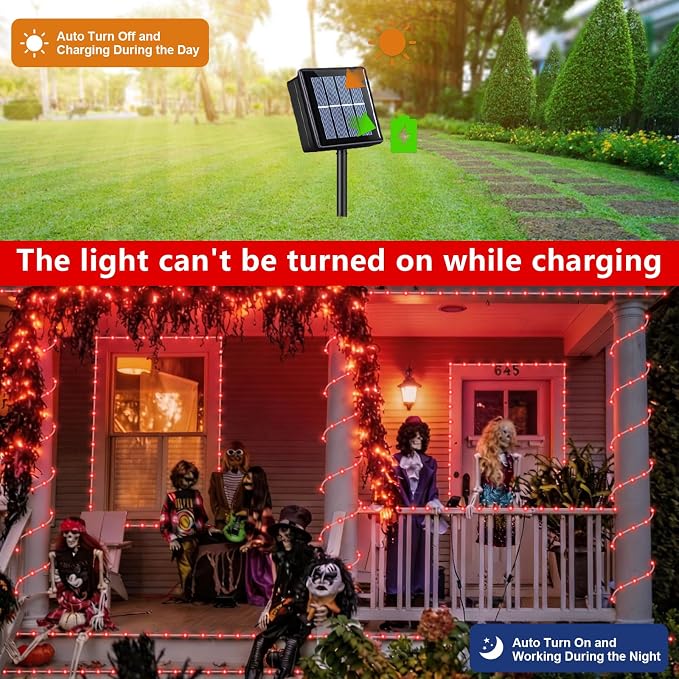 QITONG Red Solar Halloween Lights Outdoor Waterproof, 2 Pack Each 33ft 100 LED Rope Lights, Fairy Lights in Clear Thin Tube with 8 Modes