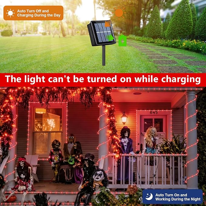 QITONG Red Solar Halloween Lights, 66ft 200 LED Solar Rope Lights Outdoor, 8 Modes Fairy Lights in Clear Thin Tube