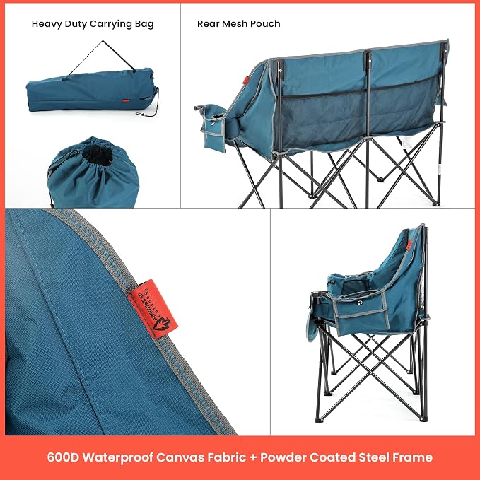ARROWHEAD OUTDOOR 57 in Wide Duo Foldable Heated Camping Loveseat Chair | 57 in, 3-Stage Heating, Large Cup Holders, Glass Holders, Side Pockets, and Storage Pouches, and Grey, Beach, Tailgating
