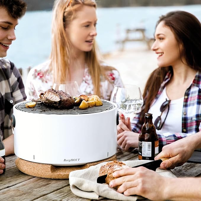 BergHOFF LEO Portable Tabletop BBQ Grill To-go grill with Heat Resistant Base Easy-carry strap & detachable handles, Removable elements, Adjustable airflow, 13.75", White