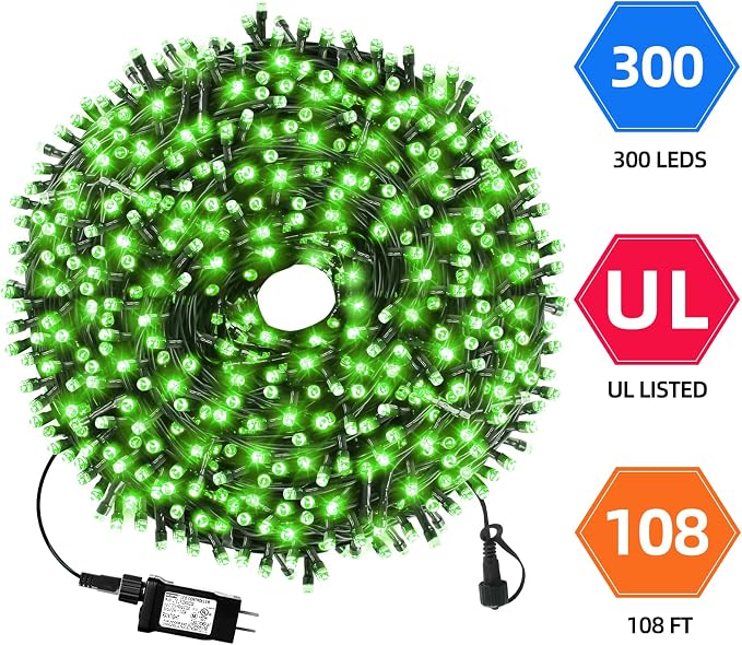 MZD8391 105FT 300LED Christmas Light Outdoor Indoor,Christmas Tree Light | Green, 100% UL Listed, Waterproof, 8 Light Modes, Timer & Memory, End To End Connect, Christmas String Light Outdoor Indoor