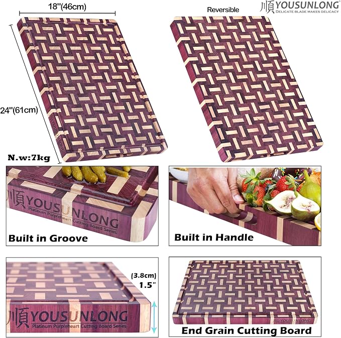 YOUSUNLONG Extra Large Cutting Board End Grain Purple Heart Wood - Thickened-Heavy Duty Butcher Block 24"L x 18"W x 1.5"Th w/Juice Groove and Handle - Serving Tray for Meat & Cheese,Brisket Board