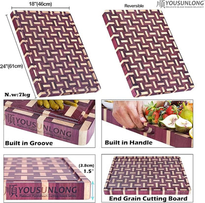YOUSUNLONG Extra Large Cutting Board End Grain Purple Heart Wood - Thickened-Heavy Duty Butcher Block 24"L x 18"W x 1.5"Th w/Juice Groove and Handle - Serving Tray for Meat & Cheese,Brisket Board