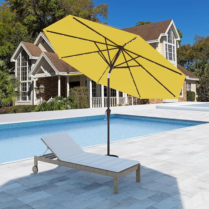 9FT Patio Umbrella with Solar Lights,Outdoor Market Umbrella with Tilt and Crank, LED Lighted Table Umbrella for Garden,Deck,Backyard,Pool,Beach (Yellow)