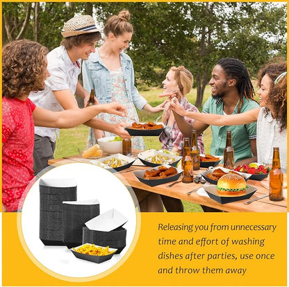 100 Pcs 2lb Paper Food Trays Boat Nacho Boats for Hot Dogs, Black | Grease-Resistant, Disposable Kraft Paper Boat for Tacos Concession, Food Trucks, Birthday, Wedding, Christmas, Halloween