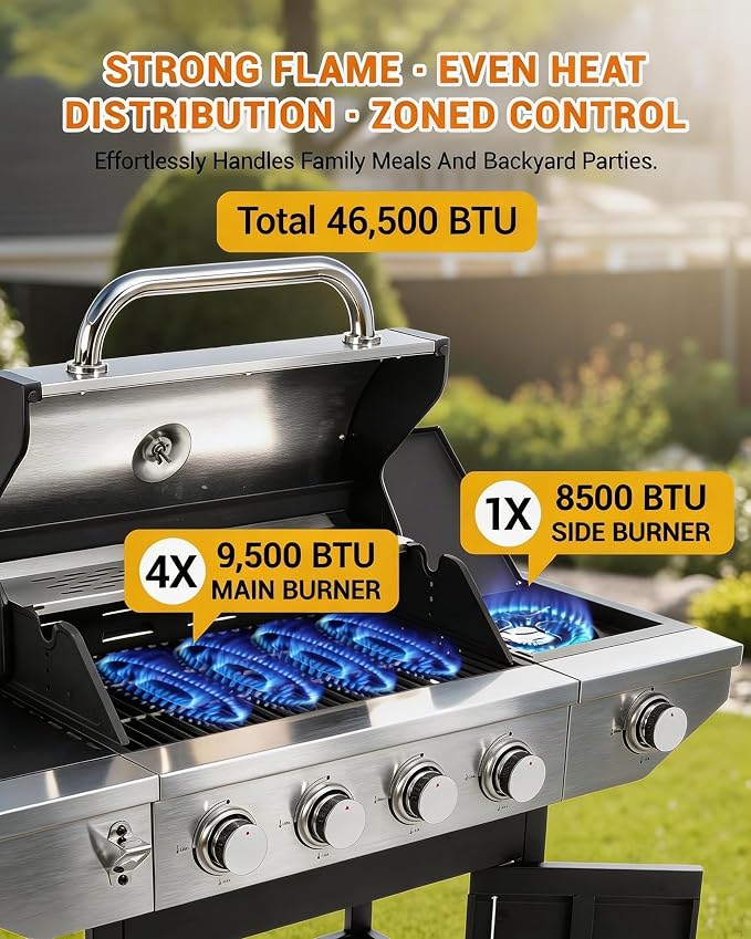 EUHOME 4-Burner Propane Gas BBQ Grill with Side Burner, 46,500 BTU Stainless Steel Outdoor BBQ with Enameled Cast Iron Grates & Foldable Side Tables for Patio, Backyard, and Outdoor Cooking