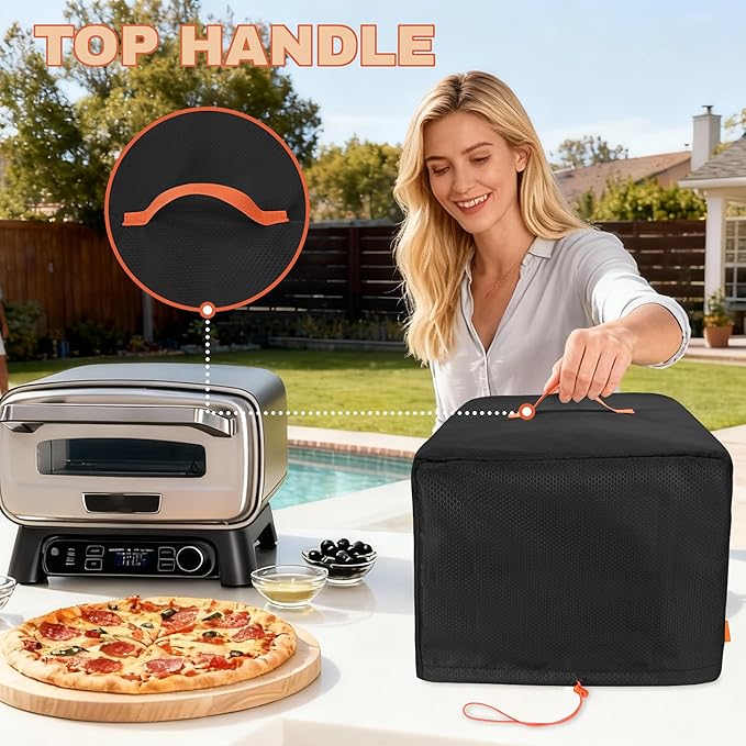 CROTIRAD Waterproof Dust Cover for Ninja Pizza Oven MO201 Series, Accessories for Ninja Woodfire Outdoor Pizza Oven with Drawstrings, UV-Resistant, Elastic Band, Hang Strap, Black