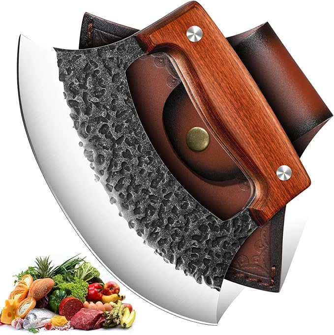 TIVOLI Hand-Forged Ulu Knife – Full Tang High Carbon Steel, Japanese-Inspired with Sheath & Gift Box, Mezzaluna Rocker Knife & Pizza Cutter for Kitchen, Camping&BBQ - Gifts for Men and Women