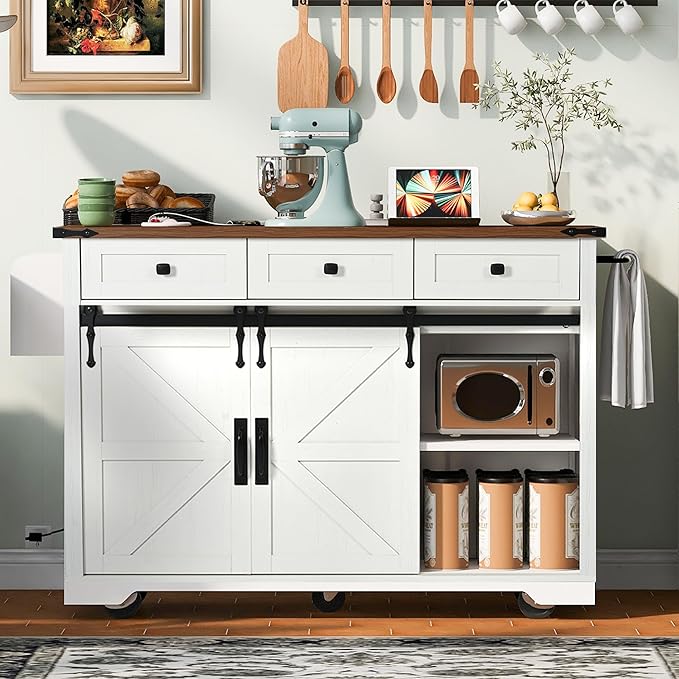 53.7" Farmhouse Kitchen Island with Power Outlet,2 Sliding Barn Door Storage w/Drop Leaf and Spice Rack Rolling Carts on Wheels & Metal Handle,for Home,Dining Room,White