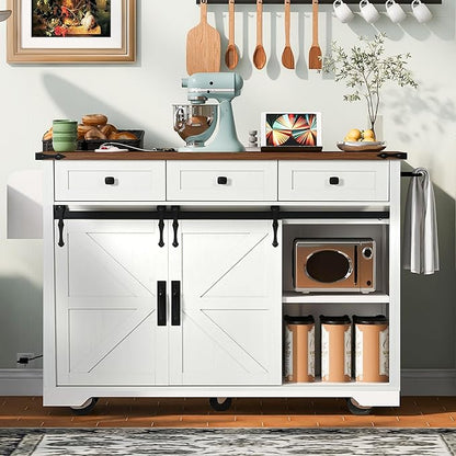 53.7" Farmhouse Kitchen Island with Power Outlet,2 Sliding Barn Door Storage w/Drop Leaf and Spice Rack Rolling Carts on Wheels & Metal Handle,for Home,Dining Room,White