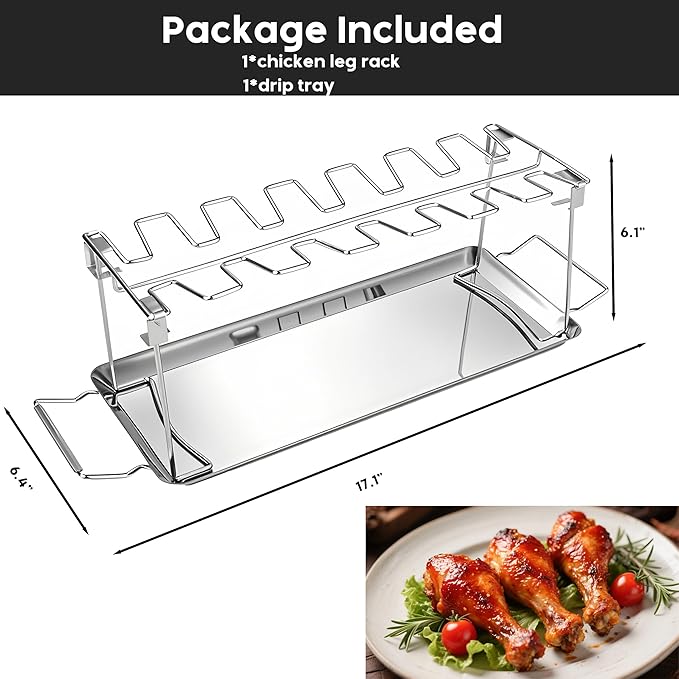 auisea Large Chicken Leg Rack for Grill 14 Slots with Drip Pan, Sturdy Stainless Steel Drumstick Holder for Oven & Smoker, Mirror-Finish for Easy Clean