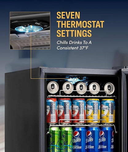NewAir 90 Can Beverage Refrigerator | 17” Freestanding Small Mini Fridge for Bedroom, Home Bar or Office | Quiet Compressor Cooling & Adjustable Shelves | Stainless Steel