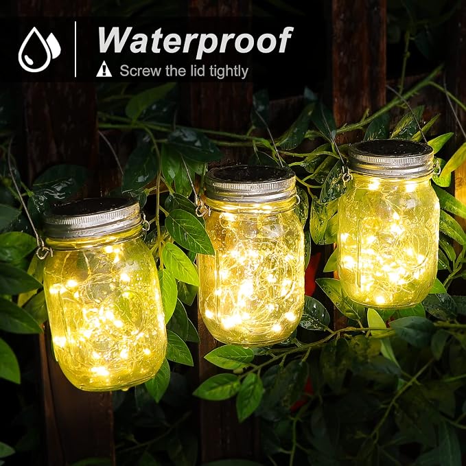 Mason Jar Solar Lights -30 LED, 6 Pack Hanging Lantern, Warm White | Waterproof, Solar Powered Fairy Lights for Indoor Outdoor Garden Patio Pathway Backyard Decor