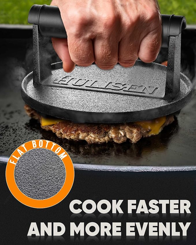 HULISEN Pre-Seasoned Cast Iron Burger Press, Heavy Duty 6” Burger Smasher for Griddle with Heat Resistant Handle, Grill Press for Hamburger, Bacon, Meat, Steak, Patty, Barbecue Grilling Tool, 2.3lb